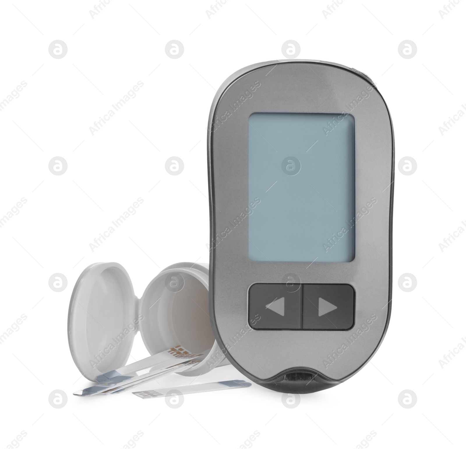 Photo of Glucometer and bottle with strips on white background. Diabetes testing kit