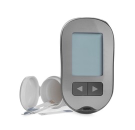 Photo of Glucometer and bottle with strips on white background. Diabetes testing kit