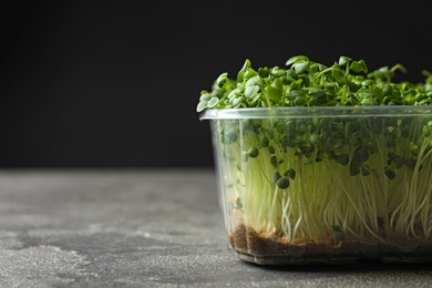 Photo of Sprouted arugula seeds in plastic container on grey table, closeup. Space for text