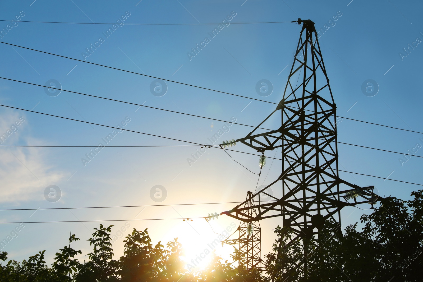 Photo of Silhouettes of high voltage tower and trees in evening