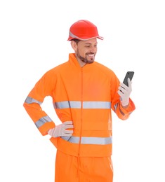 Photo of Man in reflective uniform with phone on white background