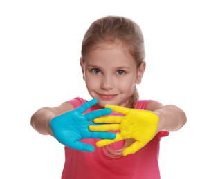 Photo of Little girl with hands painted in Ukrainian flag colors against white background, focus on palms. Love Ukraine concept