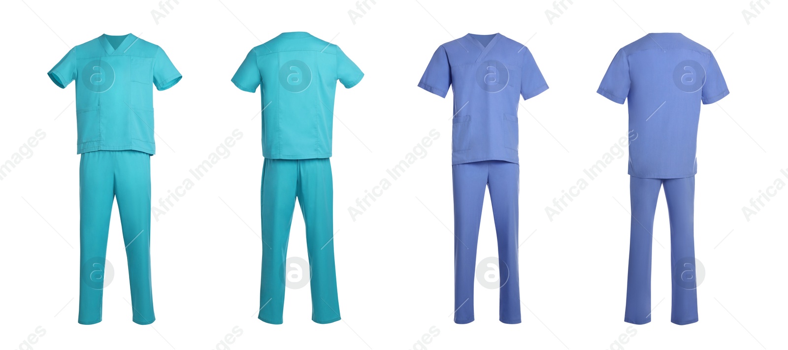 Image of Blue and turquoise medical uniform isolated on white, collage with back and front views