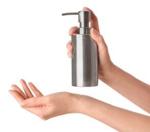 Photo of Woman holding soap dispenser on white background, closeup