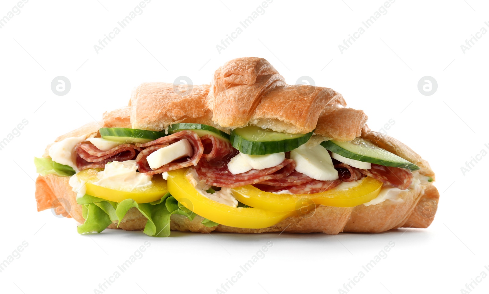 Photo of Tasty croissant sandwich with salami on white background