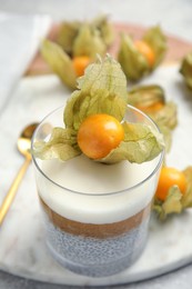 Delicious chia pudding decorated with physalis on table, closeup