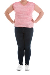 Overweight woman on white background, closeup. Weight loss