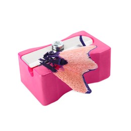 Photo of Pink sharpener with pencil shavings on white background