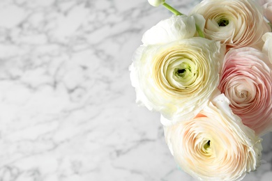 Photo of Beautiful ranunculus flowers on marble background. Space for text