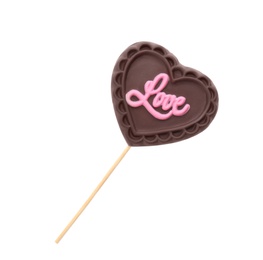 Photo of Heart shaped lollipop made of chocolate isolated on white, top view