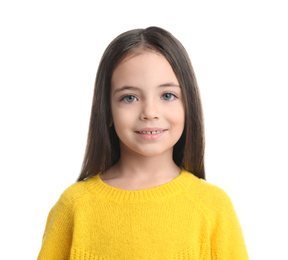 Photo of Portrait of cute little girl on white background