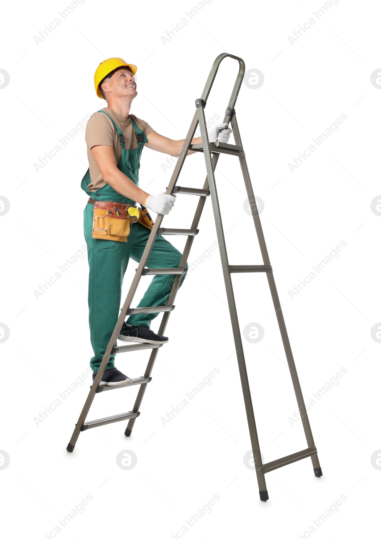 Photo of Professional constructor climbing ladder on white background