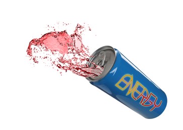 Image of Can of energy drink with splashes on white background