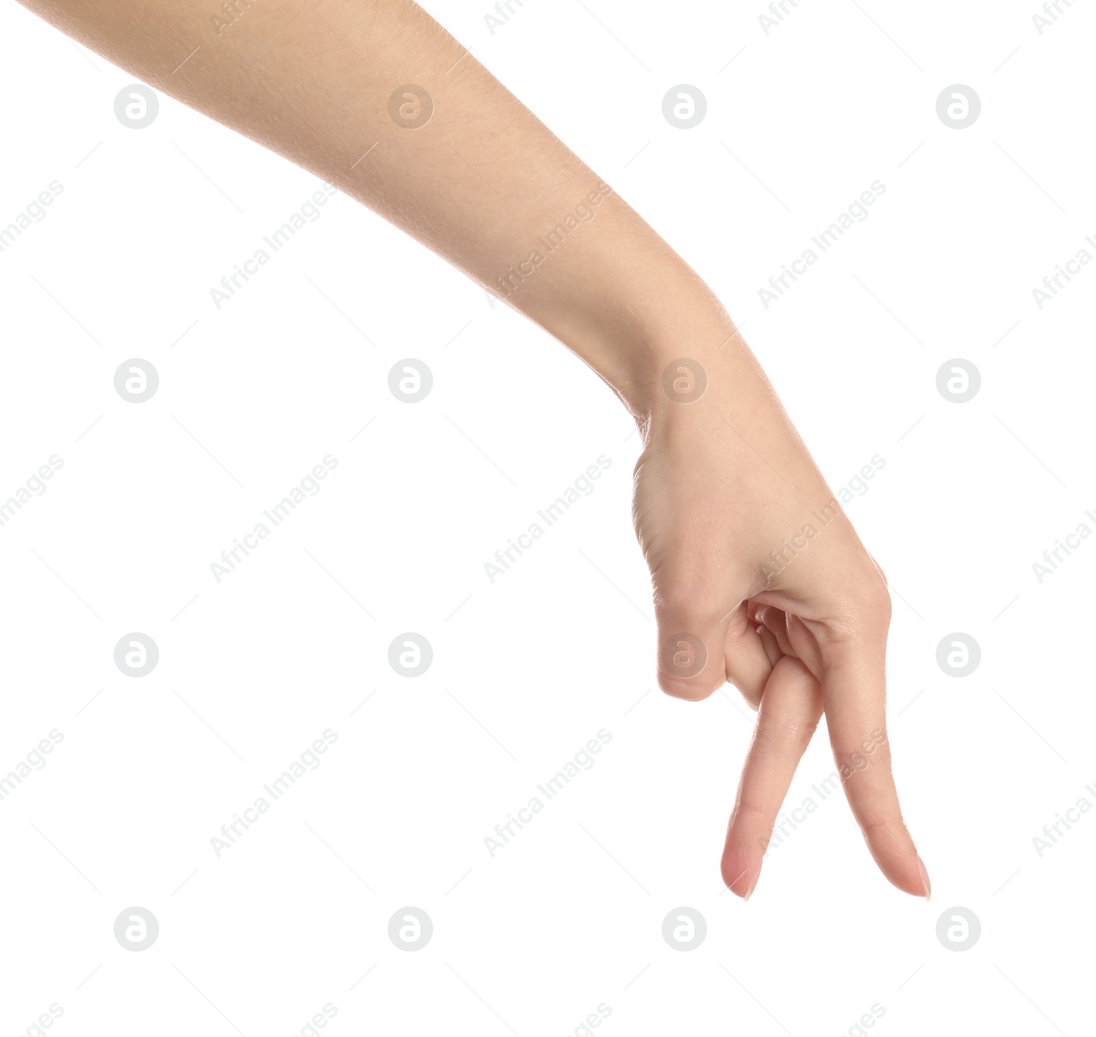 Photo of Woman imitating walk with hand on white  background, closeup. Finger gesture