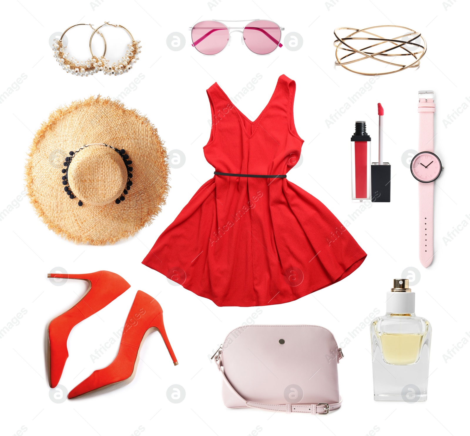 Image of Stylish look. Collage with dress, shoes, accessories and cosmetics for woman on white background