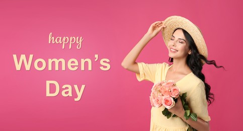 Image of Happy Women's Day, Charming lady holding bouquet of beautiful flowers on pink background