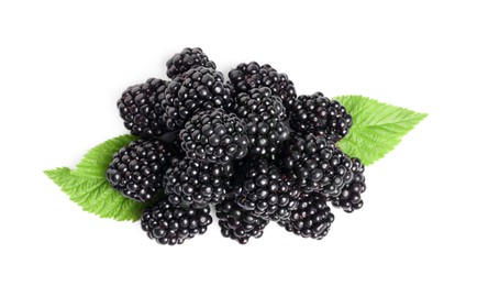 Photo of Pile of ripe blackberries with green leaves isolated on white, top view