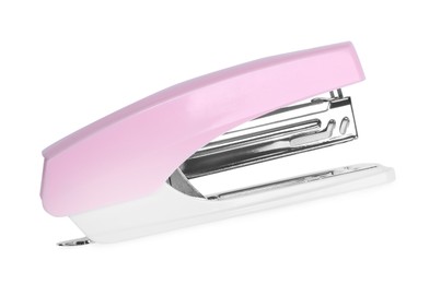 Photo of One pink stapler isolated on white, top view