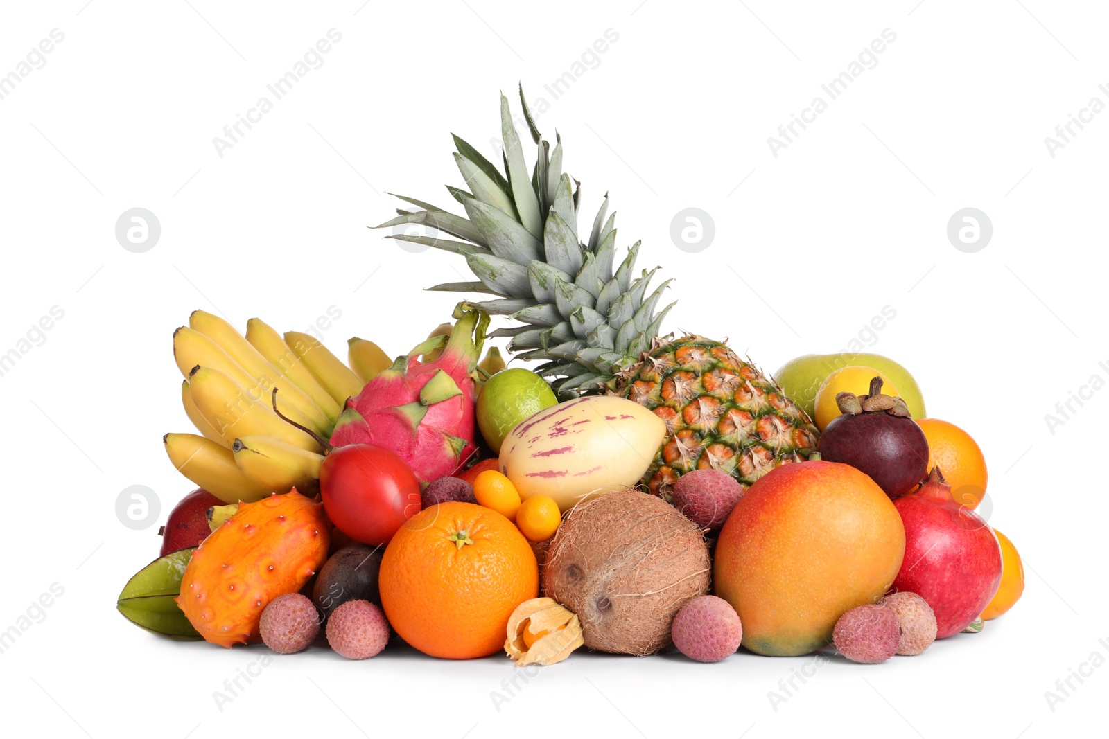 Photo of Different ripe exotic fruits on white background