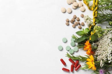 Different pills, herbs and flowers on white background, flat lay with space for text. Dietary supplements