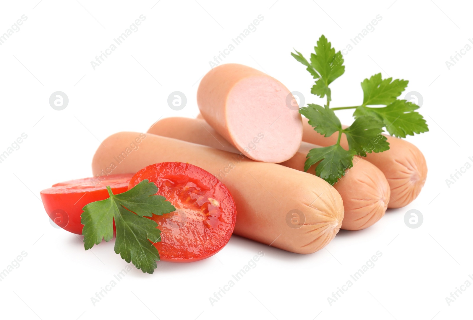 Photo of Delicious boiled sausages, tomatoes and parsley on white background