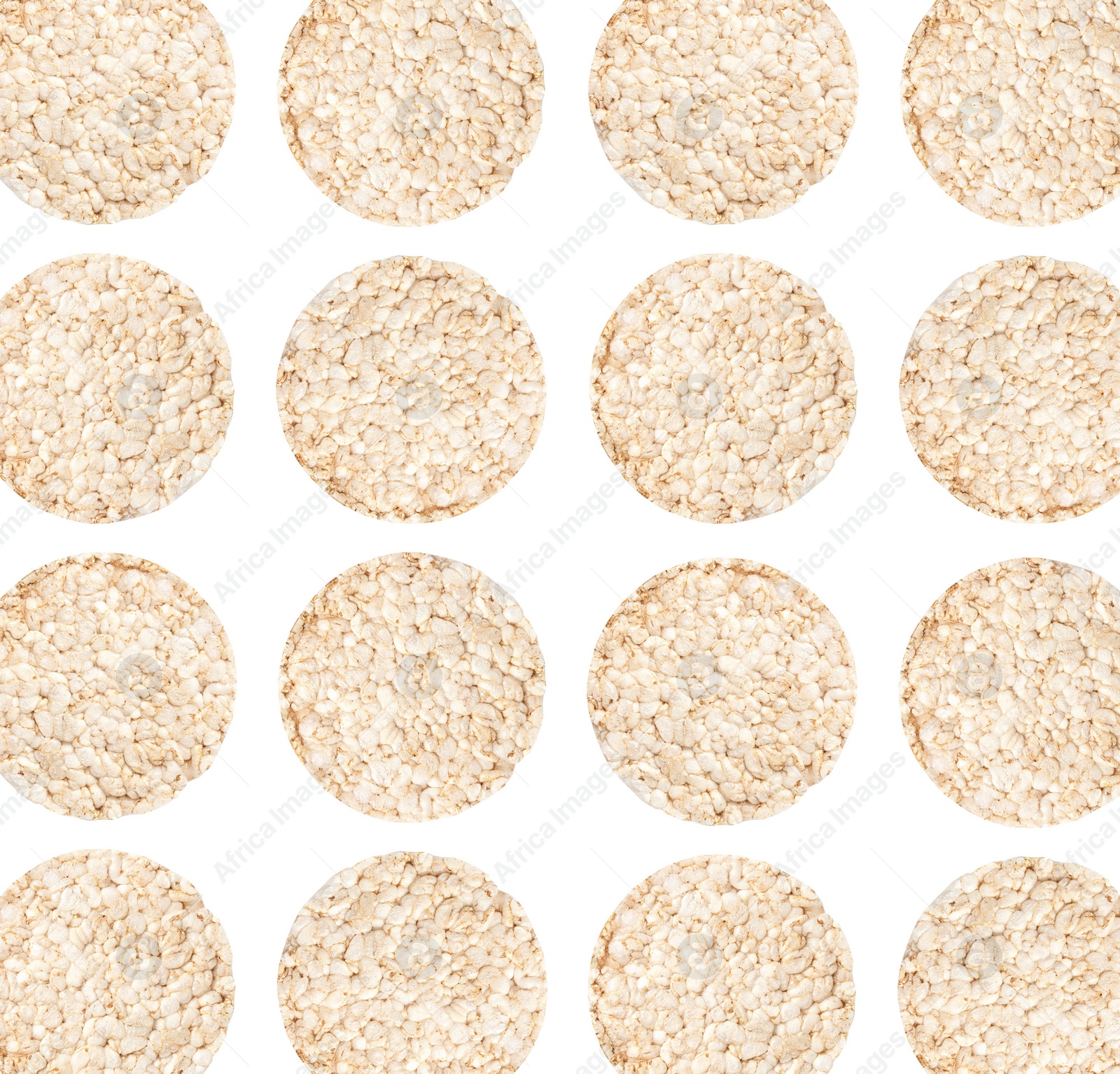 Image of Set of puffed corn cakes on white background. Pattern design