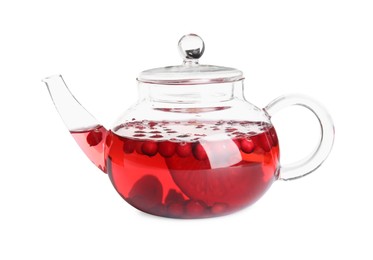Photo of Tasty hot cranberry tea with lemon in teapot isolated on white