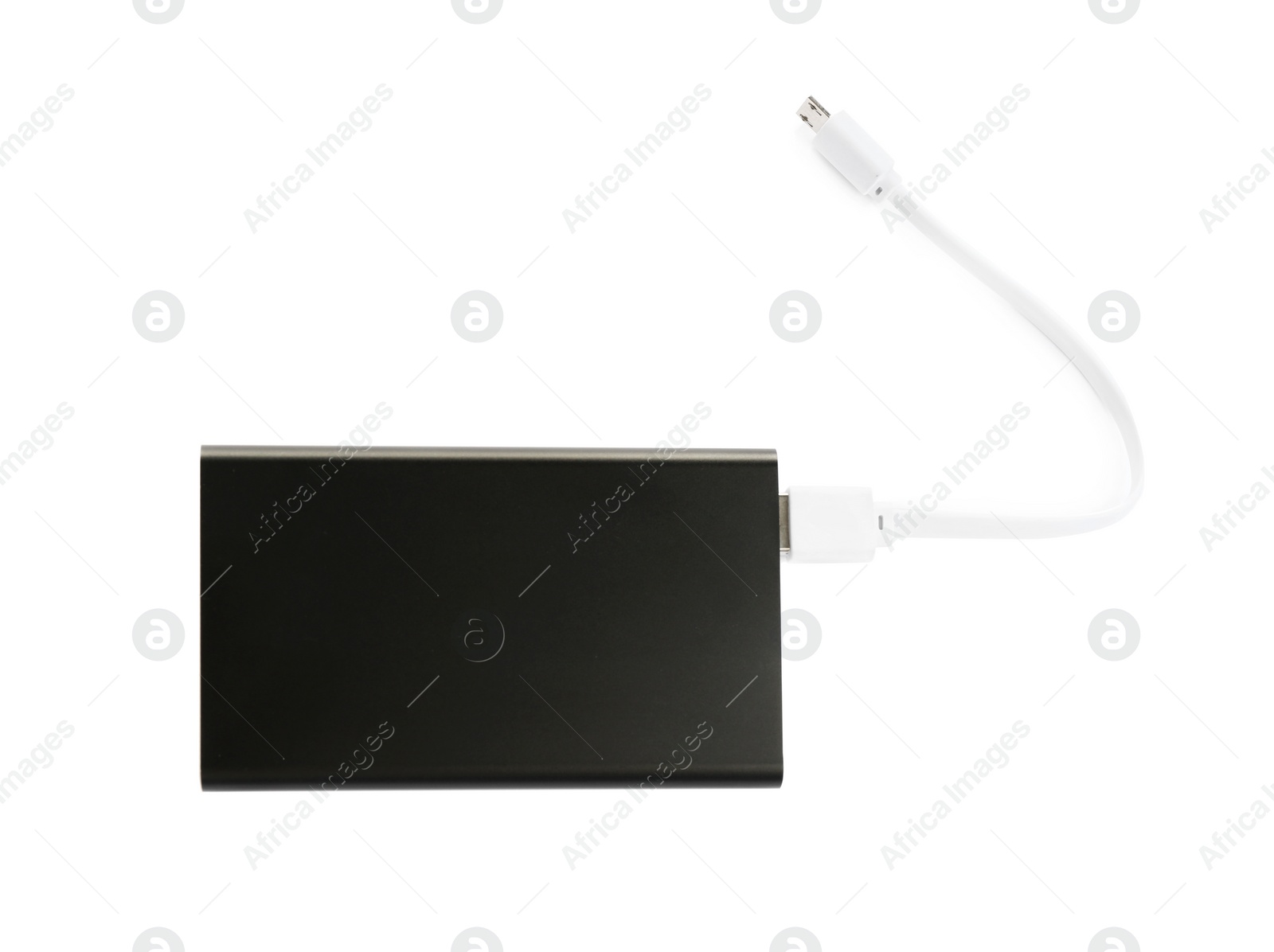 Photo of Modern external portable charger with cable isolated on white, top view