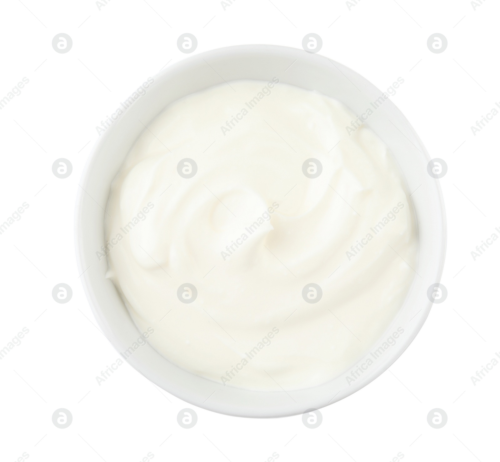 Photo of Bowl with sour cream on white background, top view