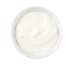 Photo of Bowl with sour cream on white background, top view