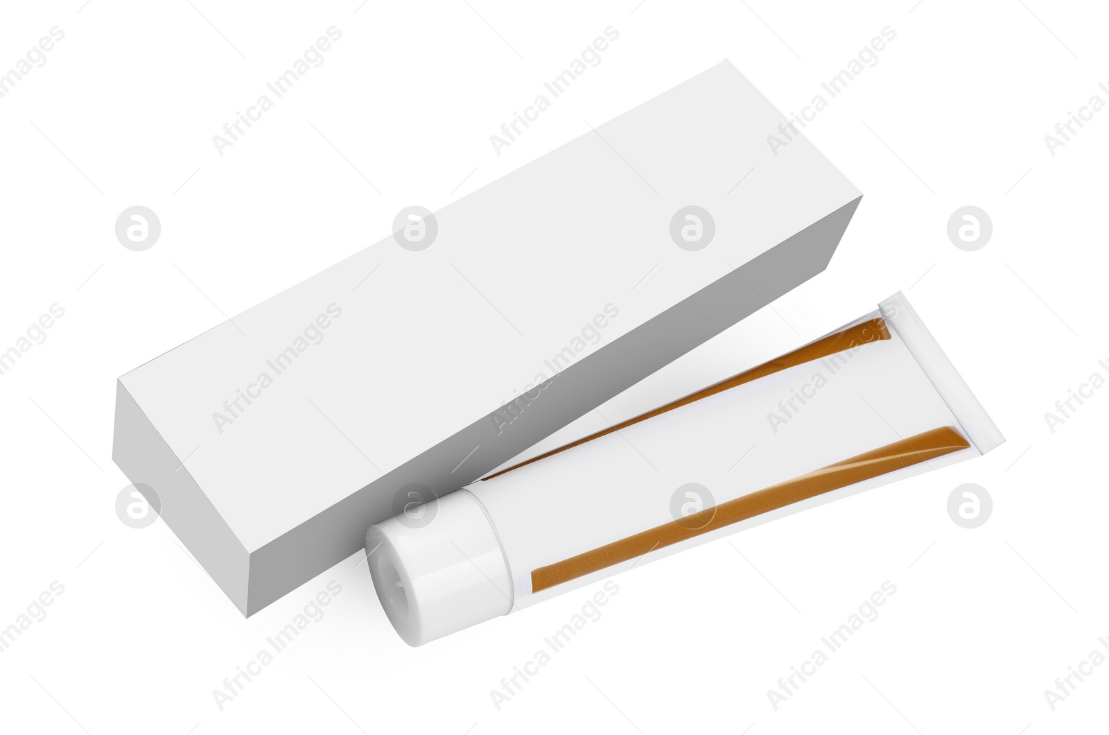 Photo of Tube of ointment and box isolated on white, space for text