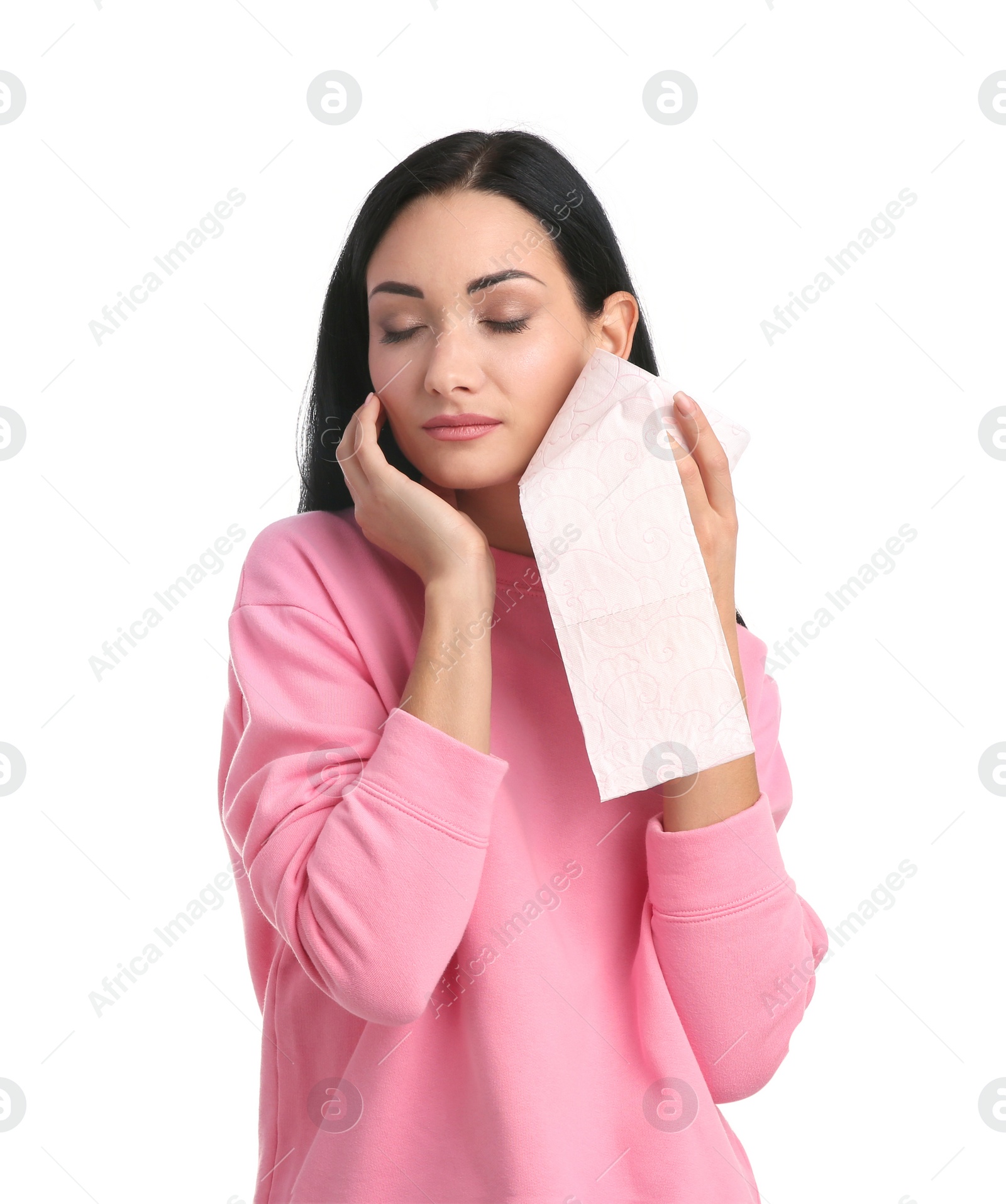 Photo of Beautiful woman holding toilet paper roll on white background