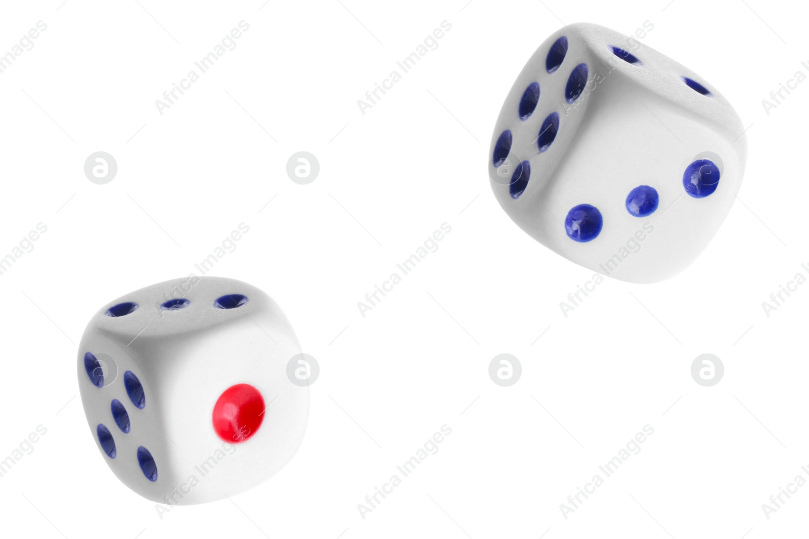 Image of Two dice in air on white background