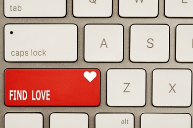 Image of Online dating. Red button with words Find Love on computer keyboard, top view