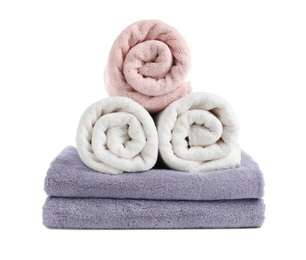 Photo of Clean soft terry towels on white background