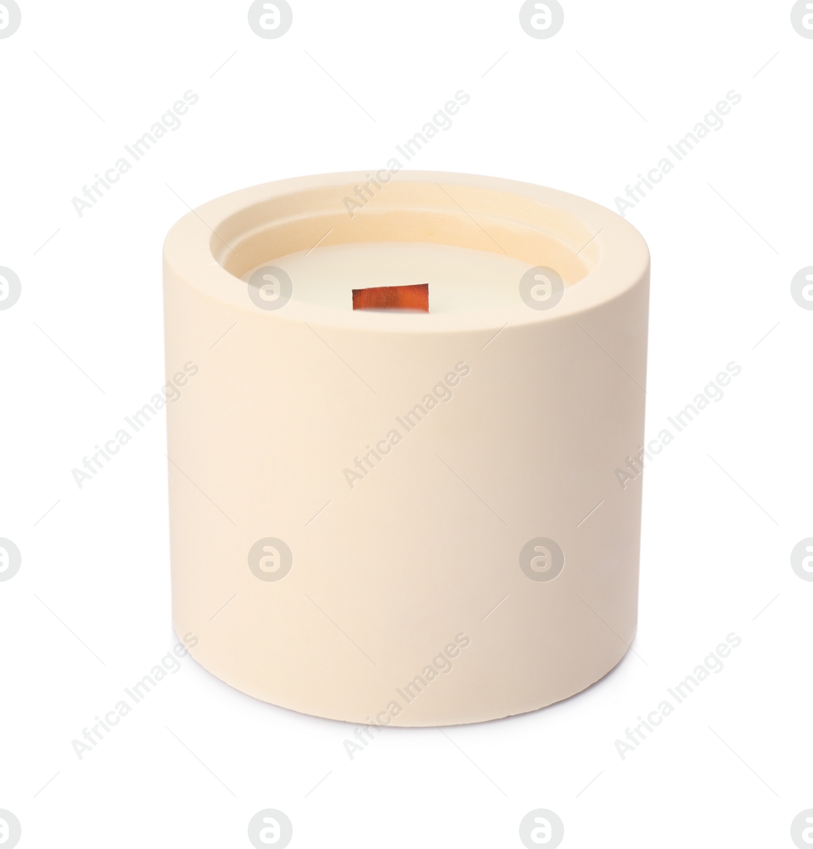 Photo of Aromatic soy candle with wooden wick isolated on white