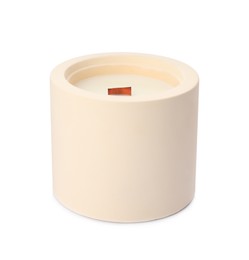 Photo of Aromatic soy candle with wooden wick isolated on white