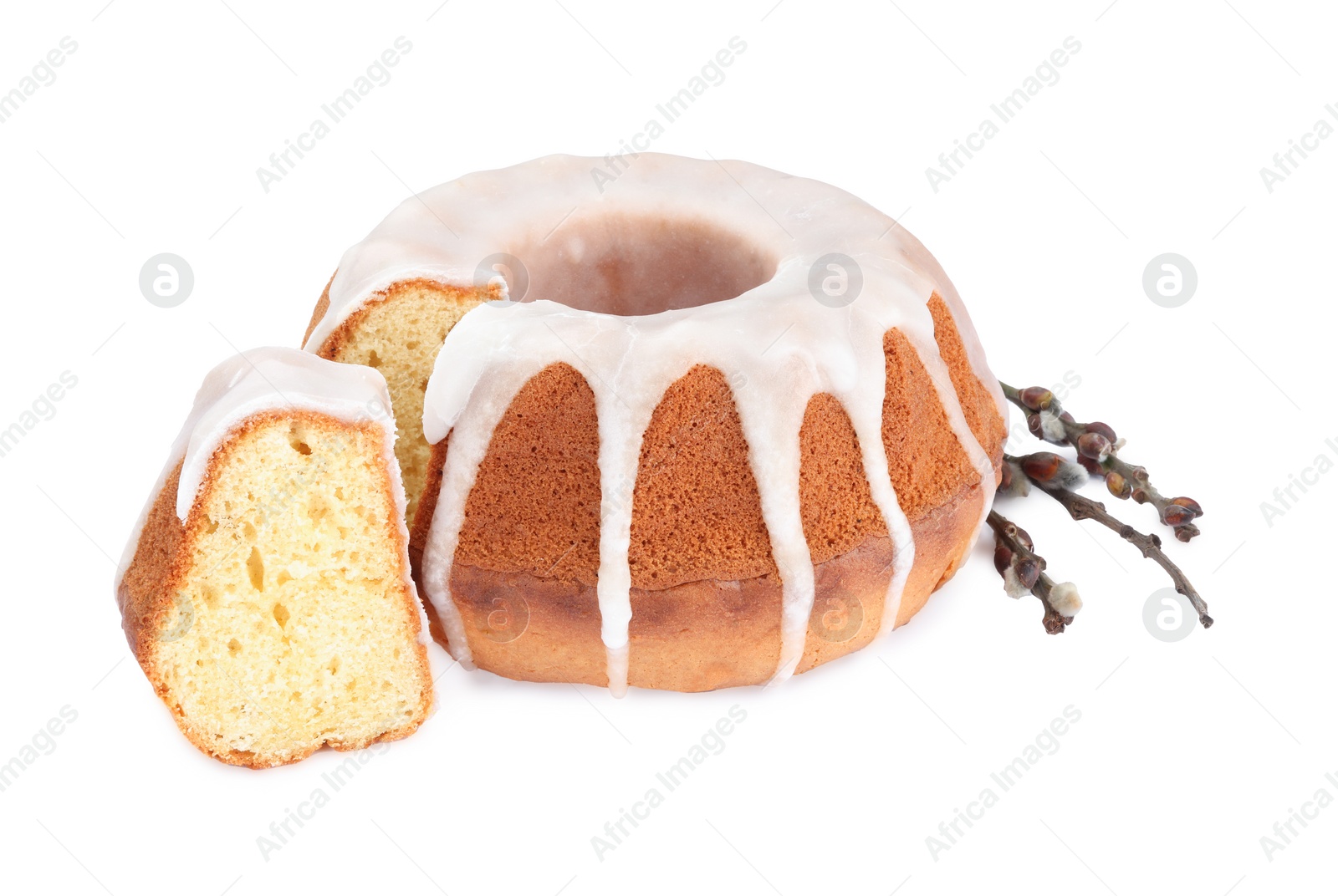 Photo of Traditional Easter cake and pussy willow branches on white background