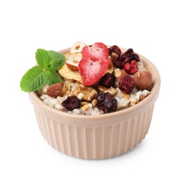 Oatmeal with freeze dried fruits, nuts and mint isolated on white