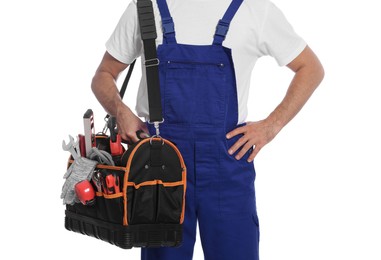 Photo of Professional plumber with tool bag on white background, closeup