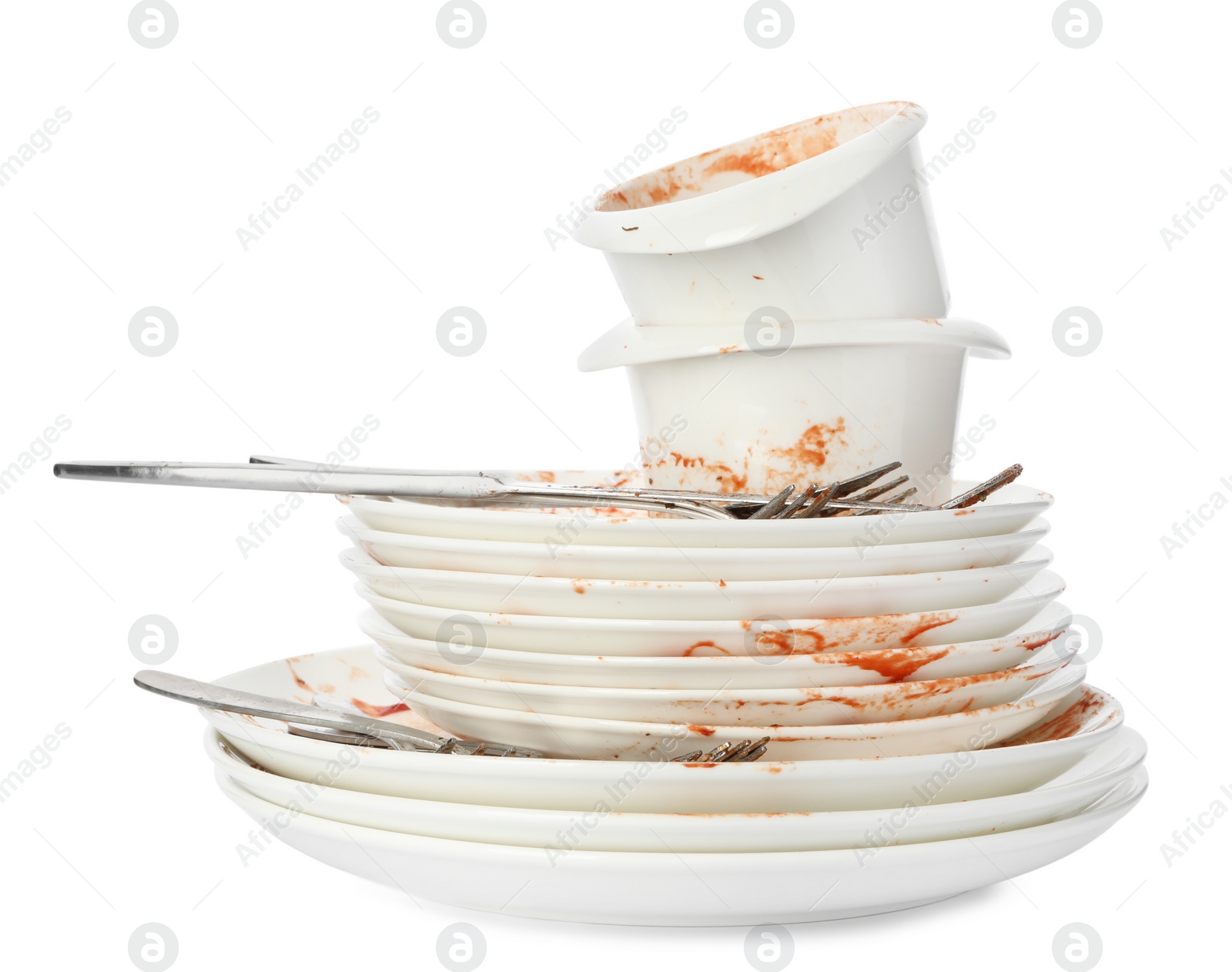 Photo of Set of dirty dishes isolated on white