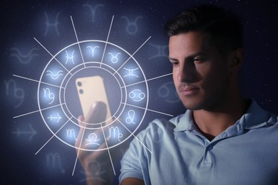 Image of Man with smartphone reading daily horoscope on dark background