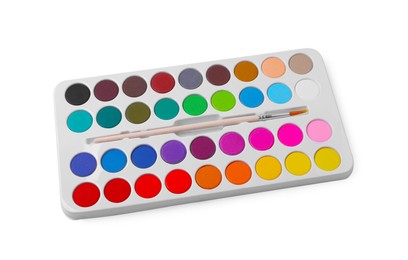 Photo of Watercolor palette with brush isolated on white, above view