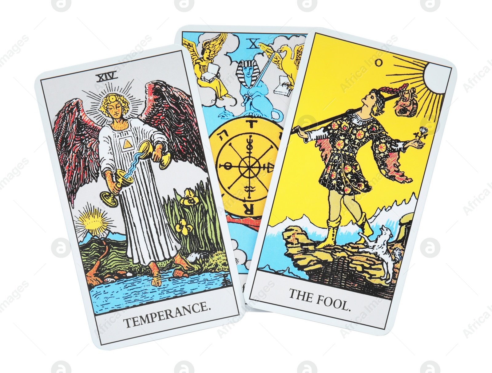 Photo of Tarot cards on white background, top view