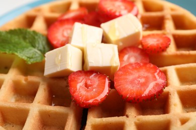 Tasty Belgian waffle with strawberries, cheese and honey, closeup