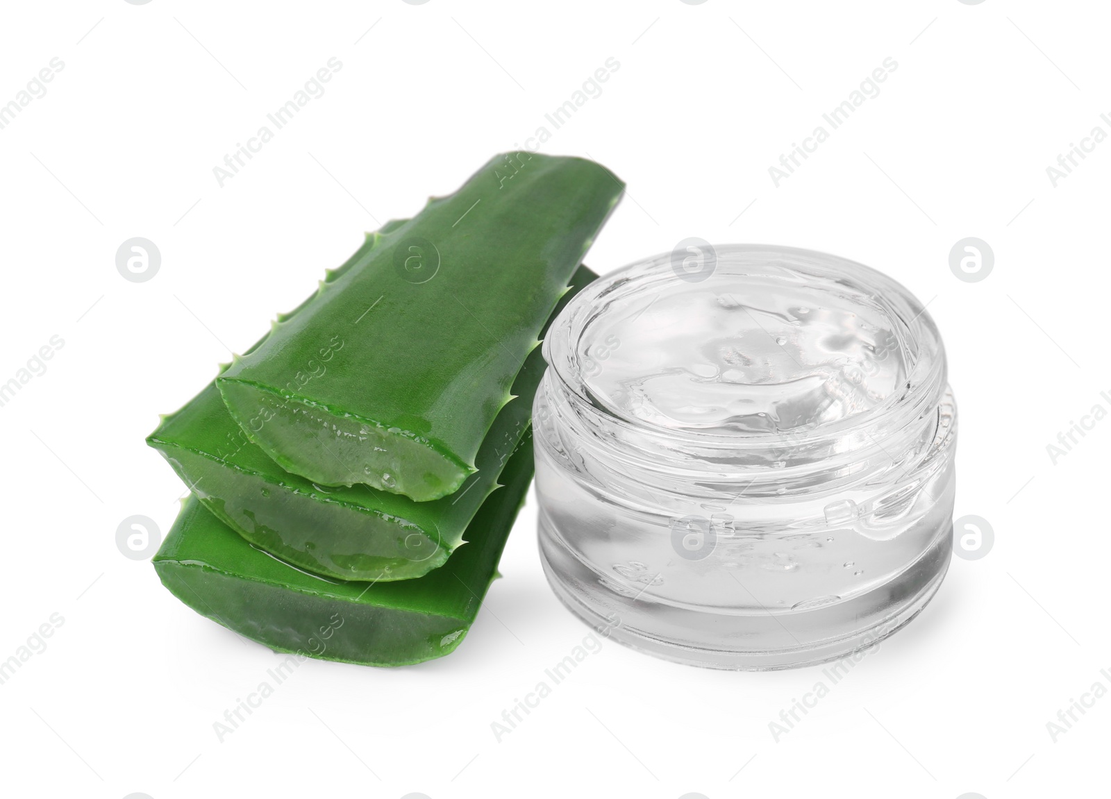 Photo of Jar of natural gel and cut aloe isolated on white