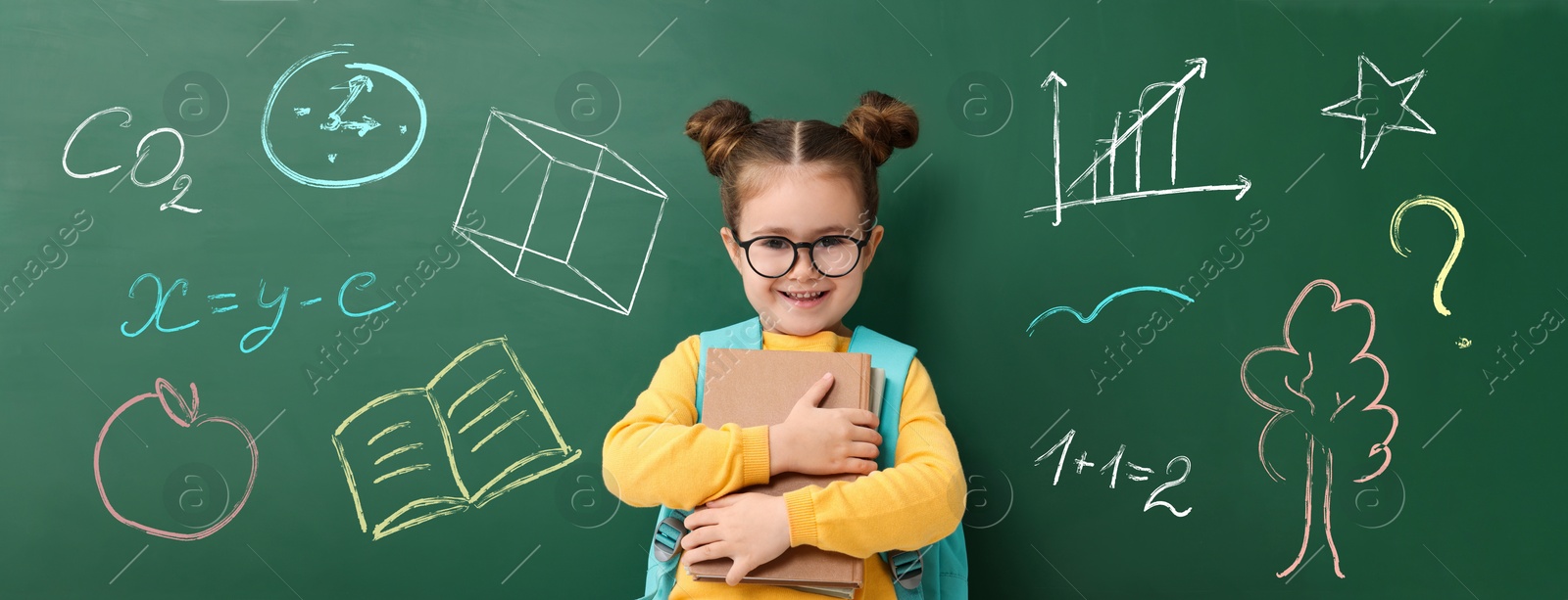 Image of School girl holding notebooks near green chalkboard with drawings and inscriptions, banner design