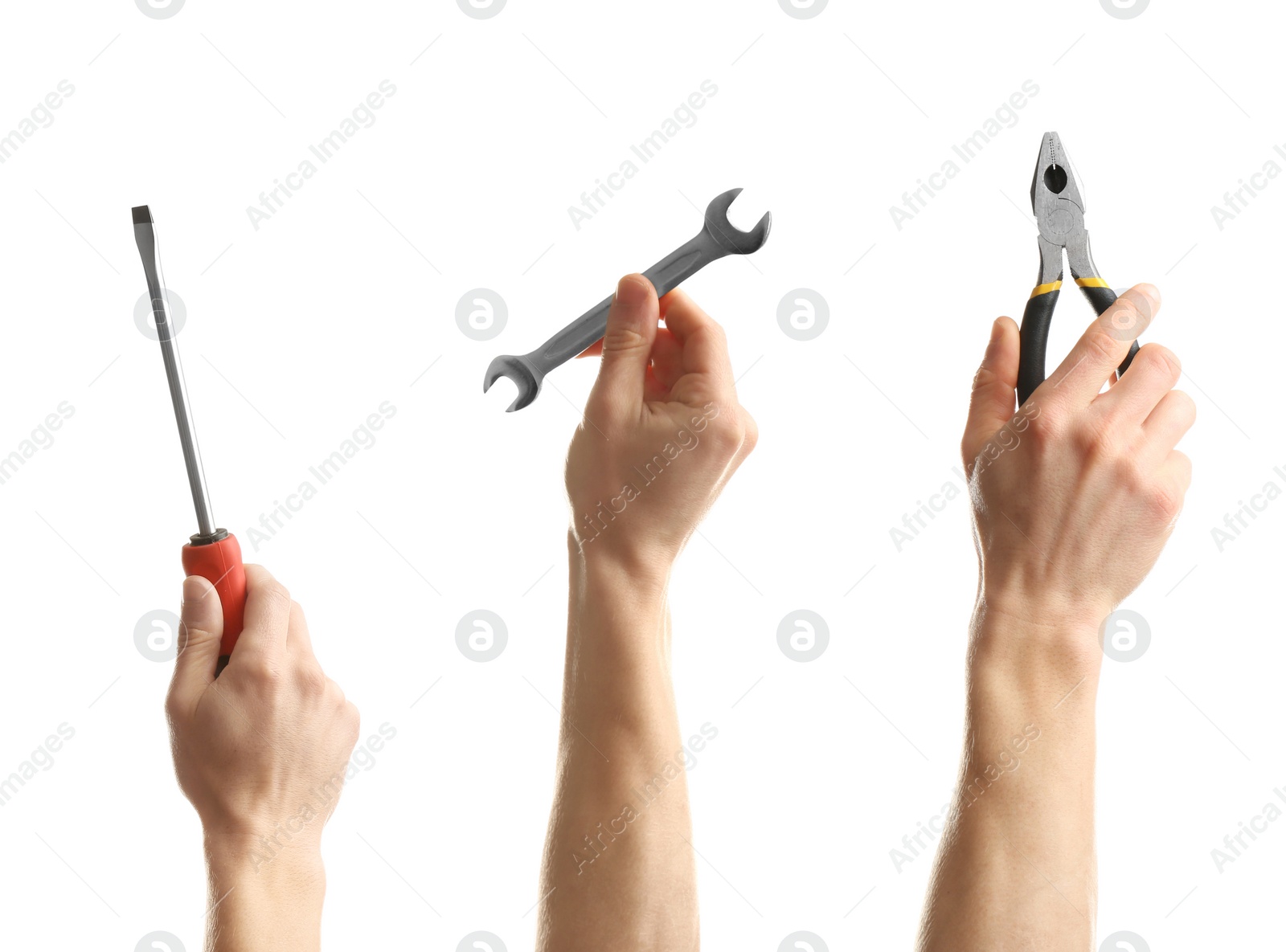 Image of Set with photos of electricians holding different tools on white background, closeup