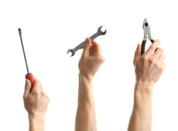 Image of Set with photos of electricians holding different tools on white background, closeup