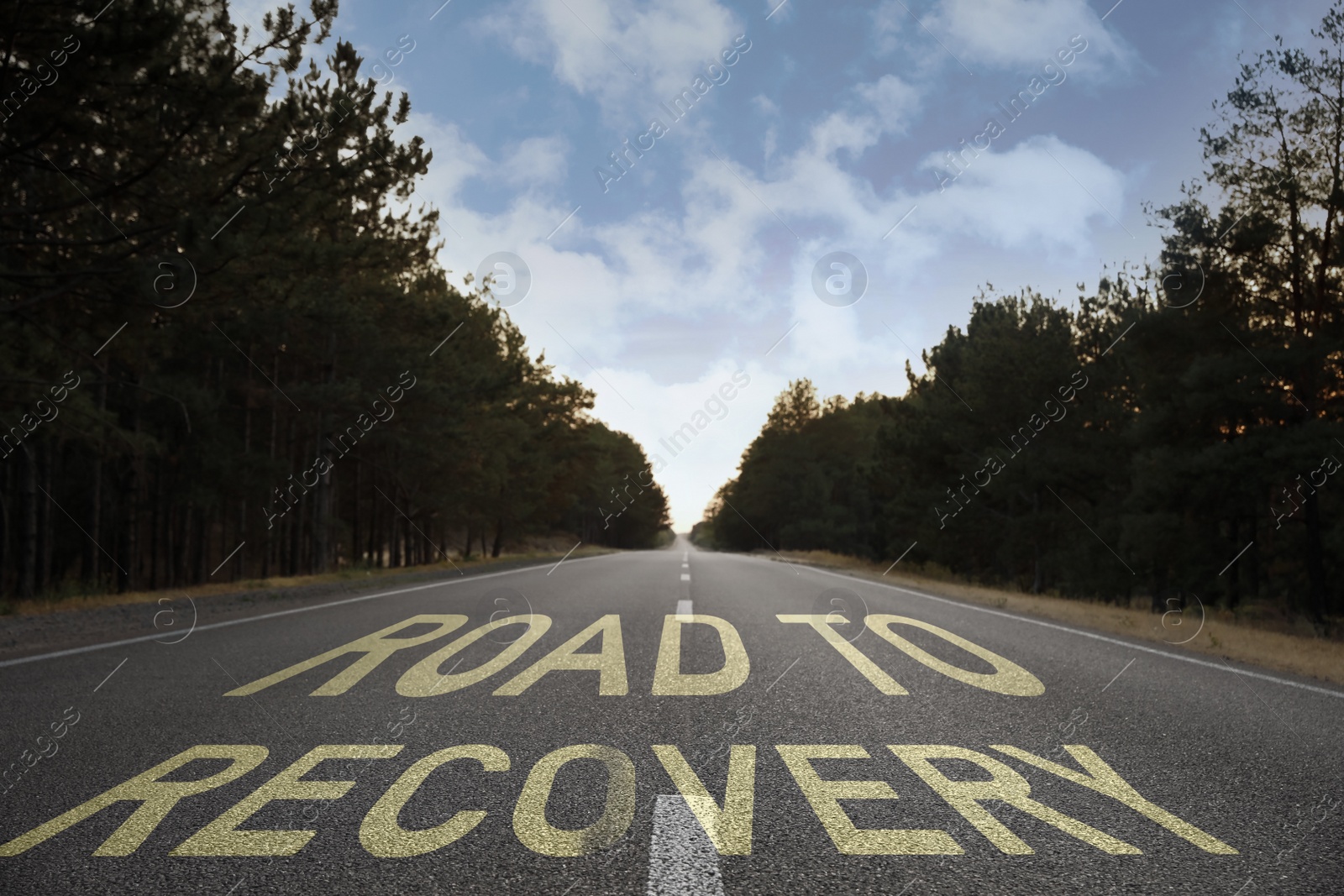 Image of Start to live without alcohol addiction. Phrase ROAD TO RECOVERY on asphalt highway